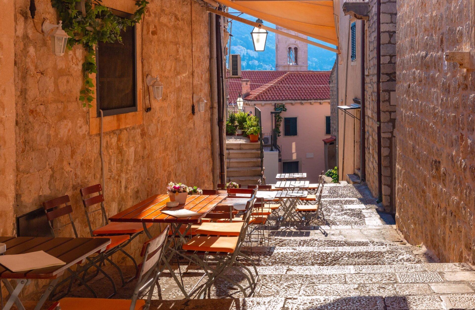 Cobbled street with outdoor restaurant