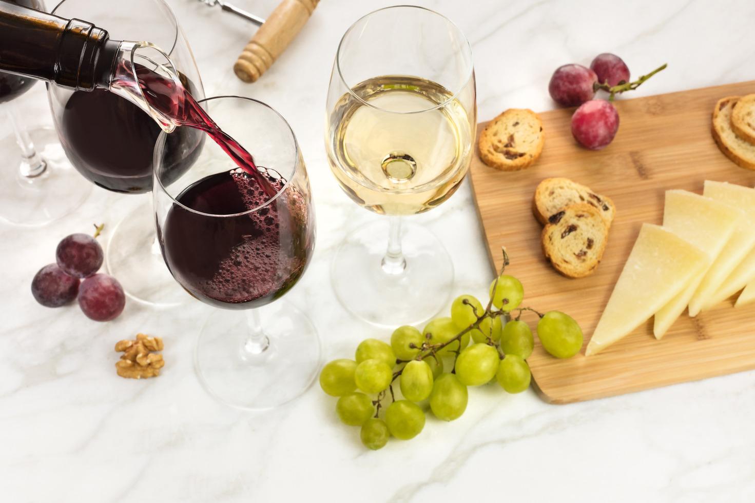 Glasses of red and white wine