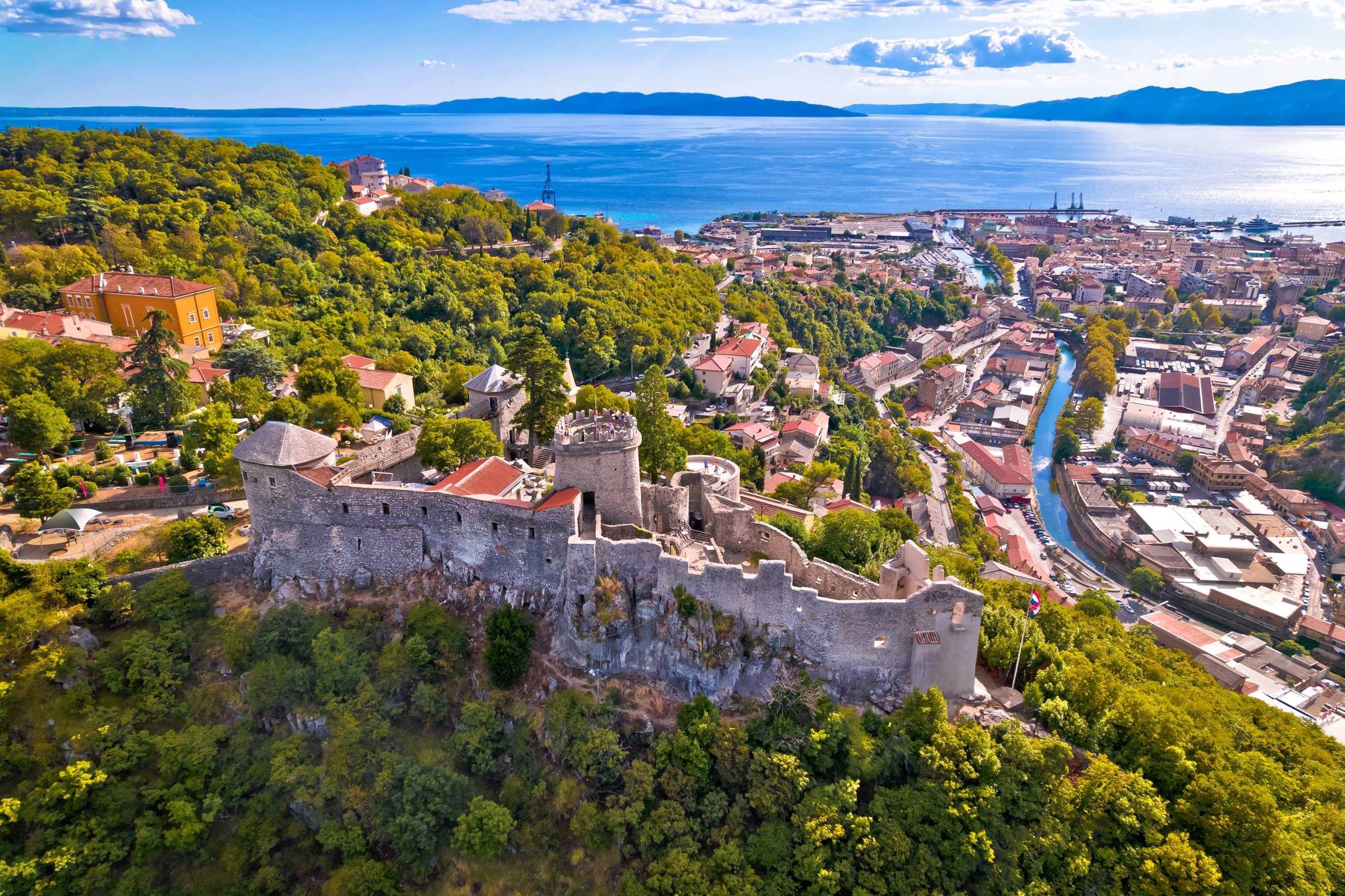 Aerial view of the Trsat Castle in Rijeka with the sea in the background