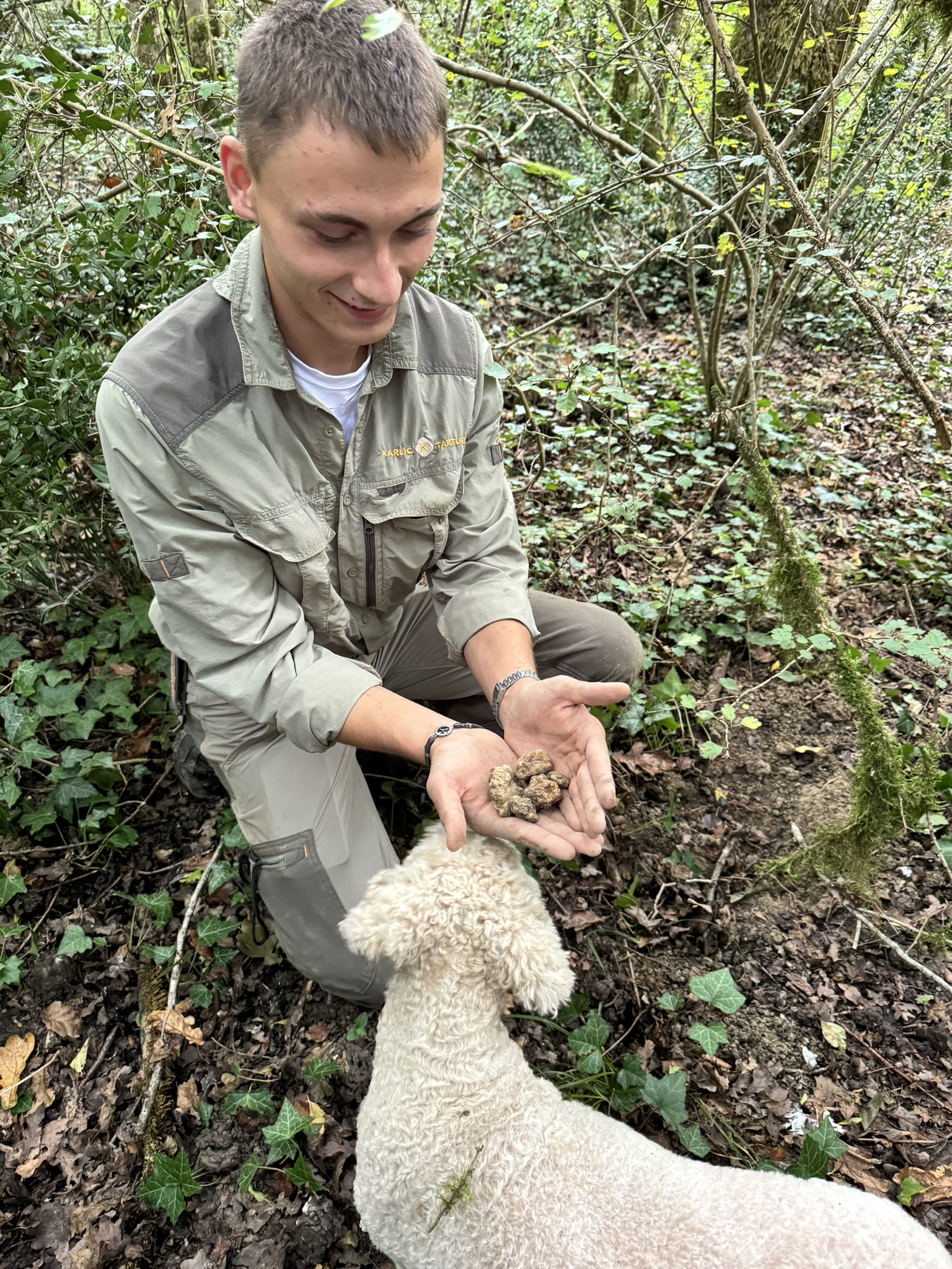 Guide and hunter with a truffle-hunting dog and truffles.
