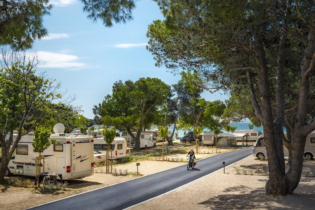 Aerial view of Valamar Camping Padova camping site and camping vans