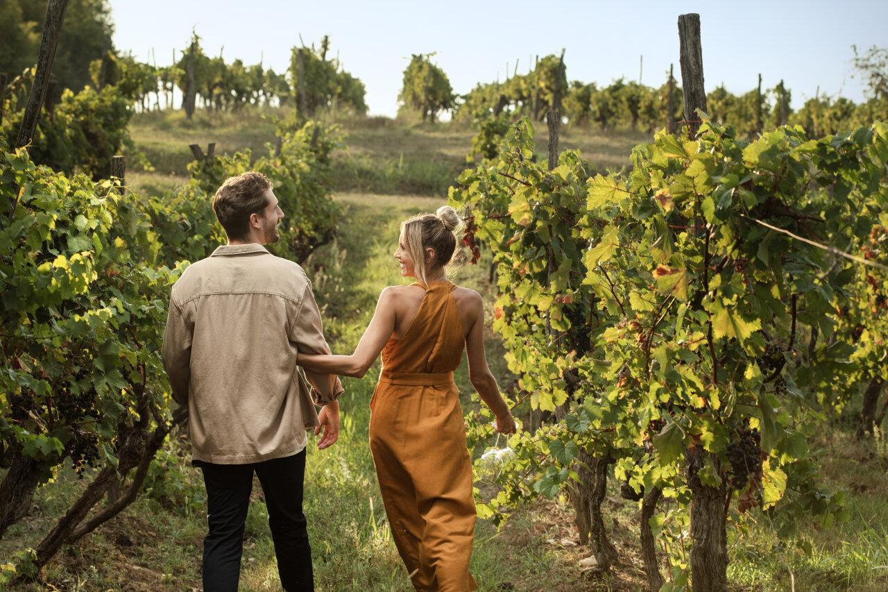 Ein P&auml;rchen spaziert im Fr&uuml;hling durch einen gr&uuml;nen, von Weinreben umgebenen Weinberg.