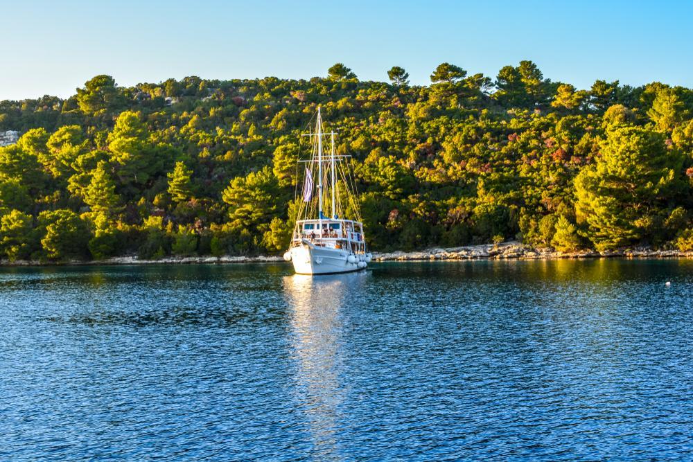 Aerial view of a sailboat off the coast of Hvar Island