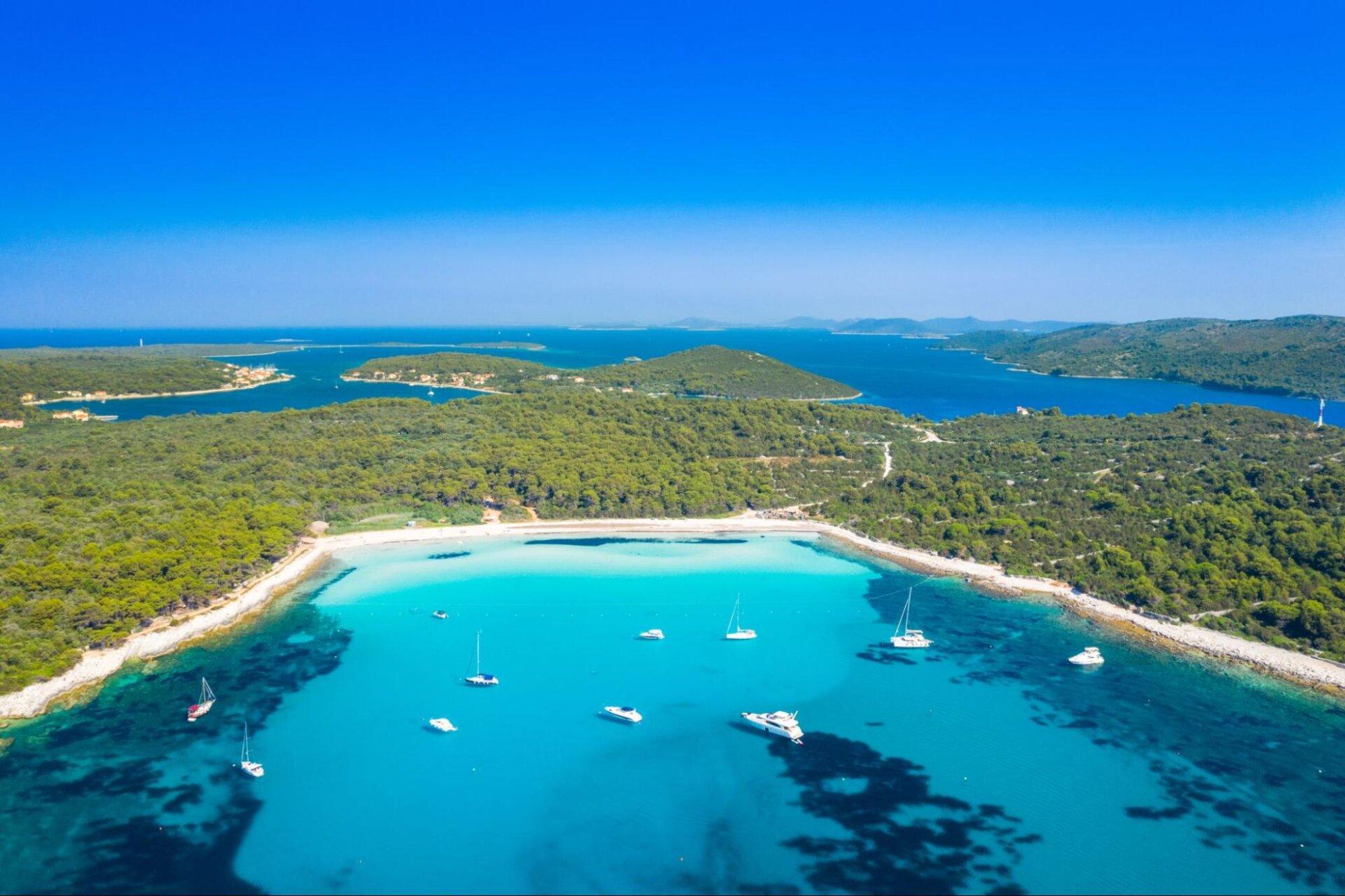 Luftaufnahme vom türkisfarbenen Strand Sakarun auf Dugi otok, umgeben von einem Pinienwald