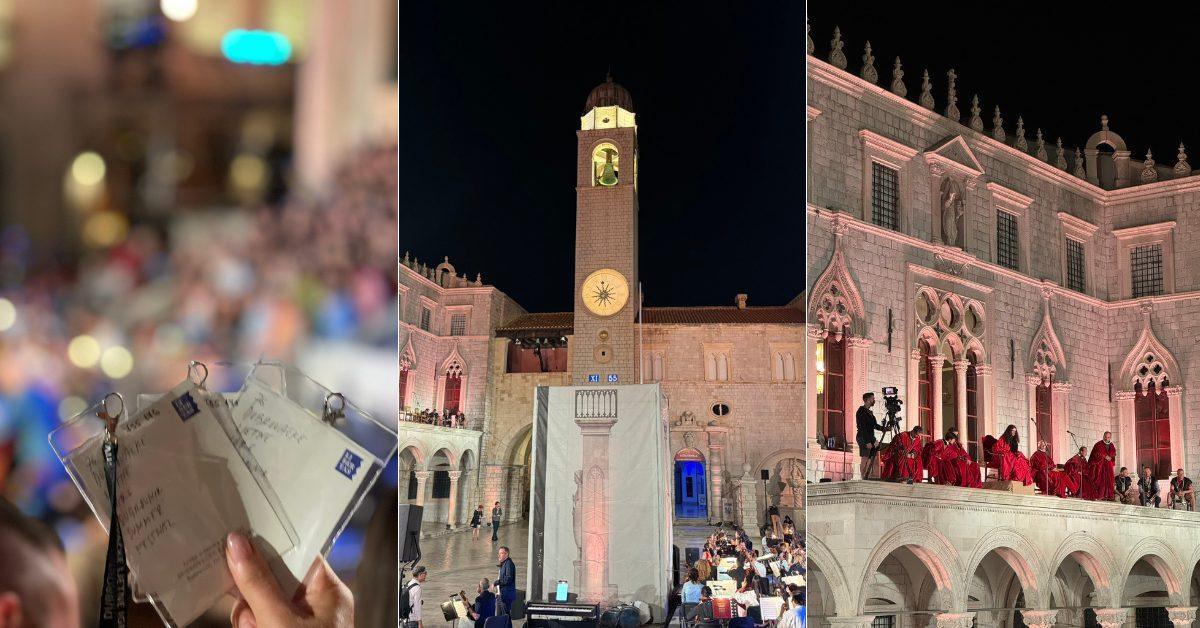 Open-air cultural performance at night during the Dubrovnik Summer Festival, with the historic clock tower and Rector&rsquo;s Palace illuminated