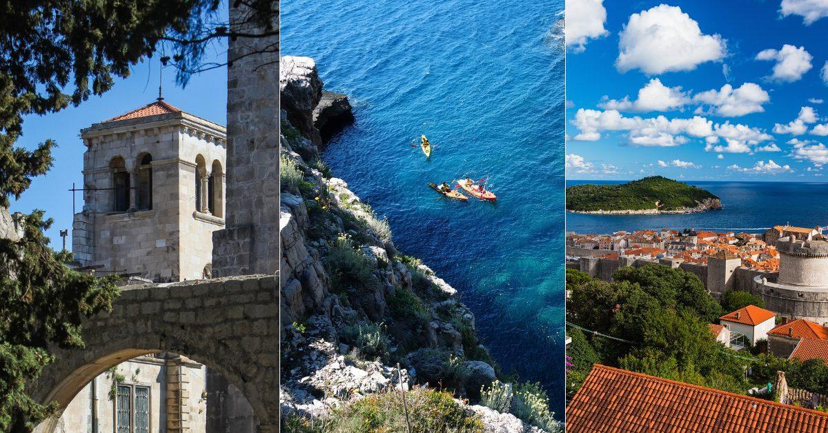 Scenic views of Lokrum Island, Dubrovnik&rsquo;s city walls, and kayakers exploring the clear blue Adriatic coastline