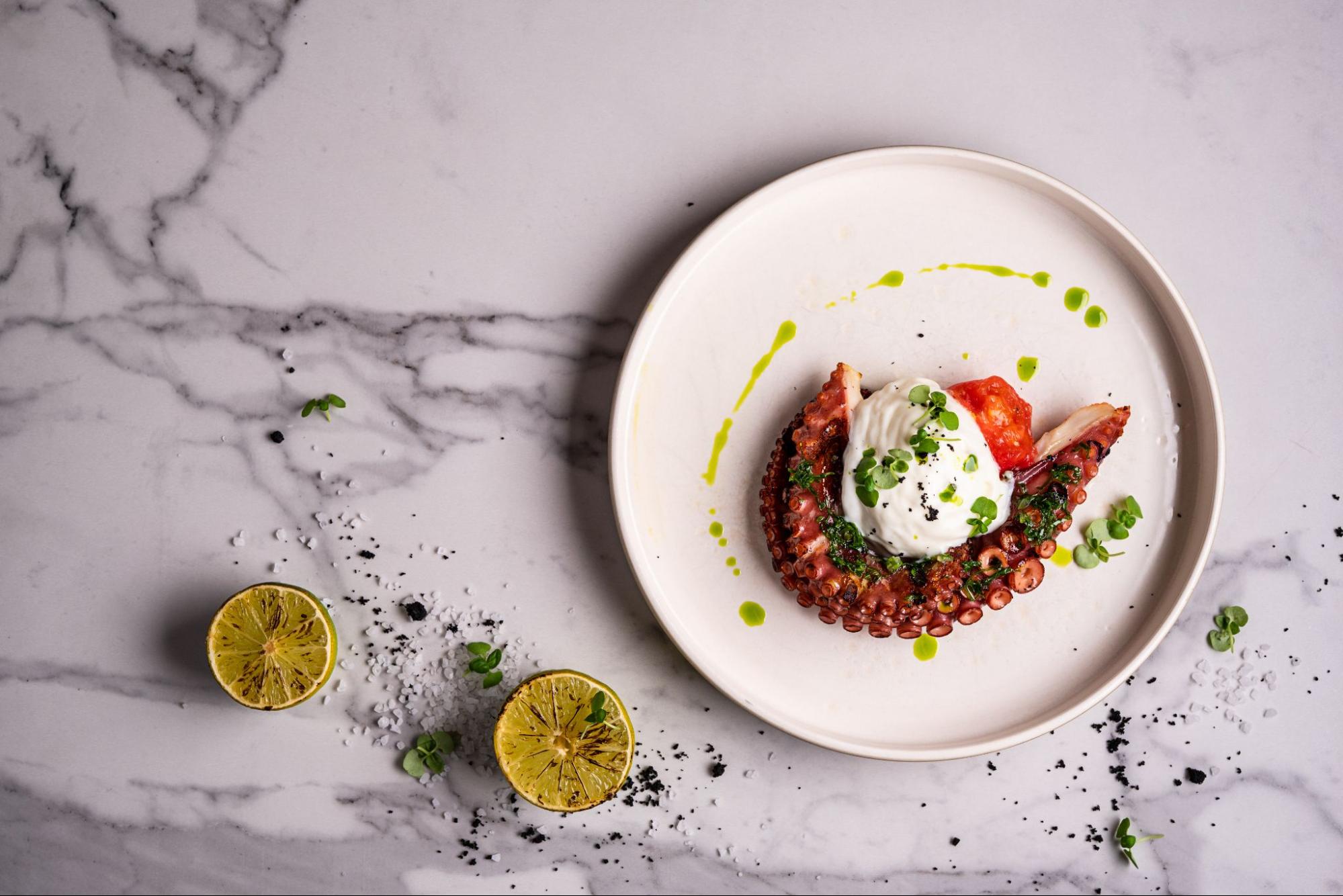 Octopus with burrata served on a plate in a Dalmatian restaurant