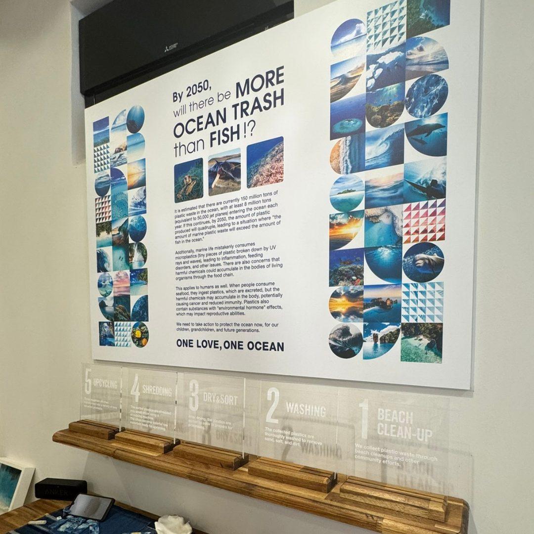 Educational display at True Blue Atelier in Hvar showing ocean conservation messages and sorted recycled plastic pieces.