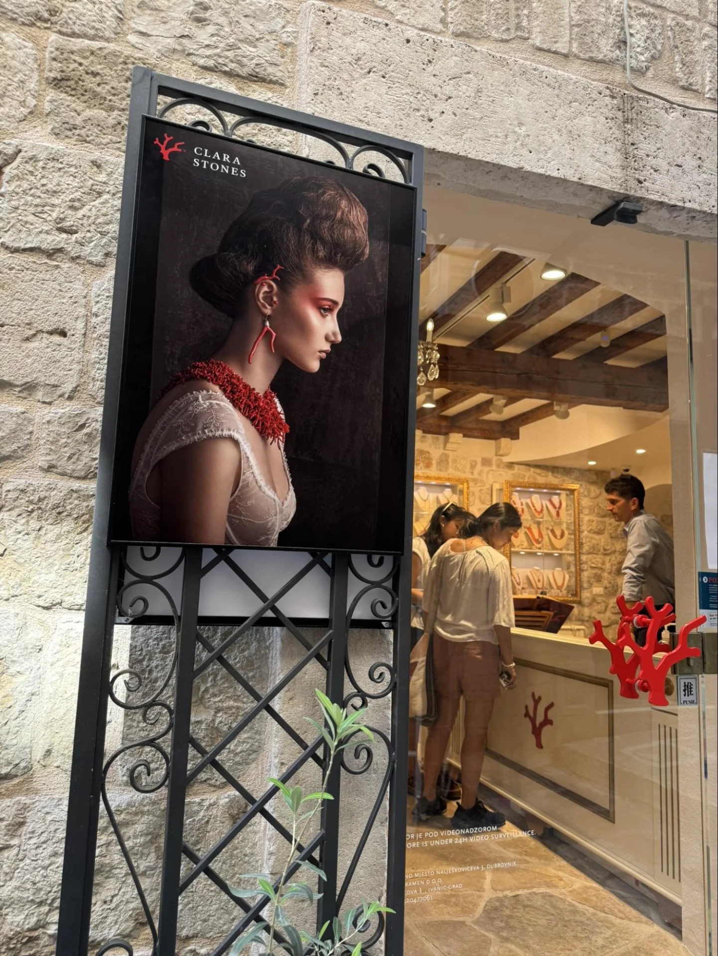 Clara Stones' jewellery boutique in Dubrovnik with a display of handcrafted red coral jewellery.