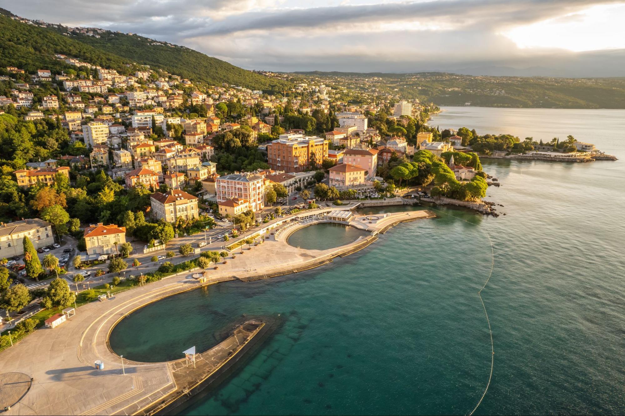 Aerial view of the Opatija Riviera and seaside bathing area with crystal-clear waters in Kvarner