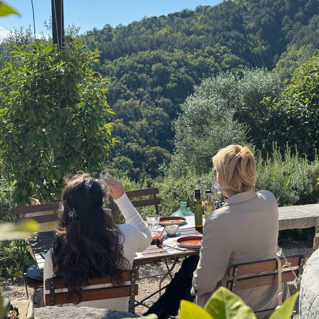 Two guests enjoying a tasting lunch on the Ipša terrace, with string lights and views over a forested Istrian valley.