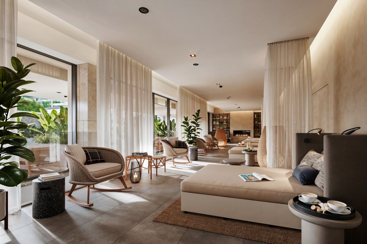 Modern wellness lounge at ESPA at Pical featuring comfortable loungers and abundant natural light.