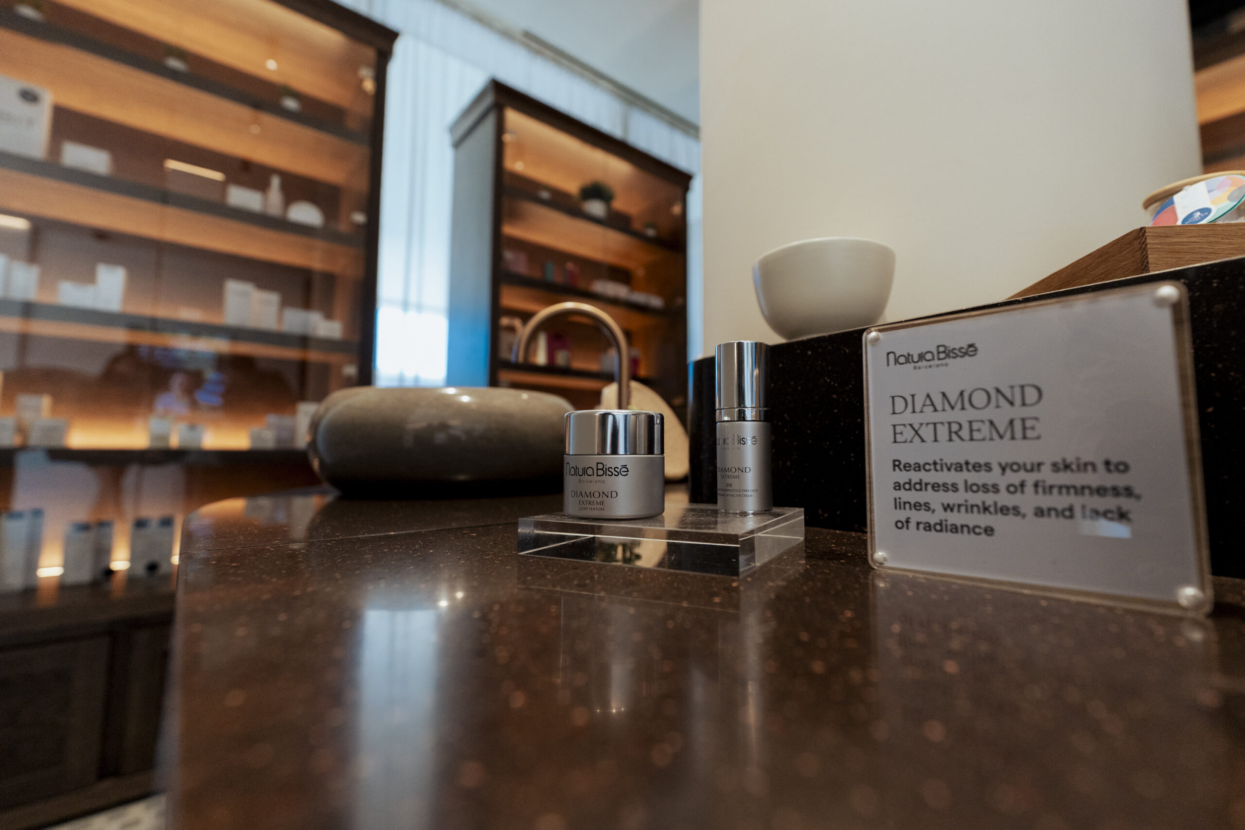 Luxury Natura Bissé Diamond Extreme skincare products displayed at the Balance Mediterranean Spa Centre at Arba Resort.