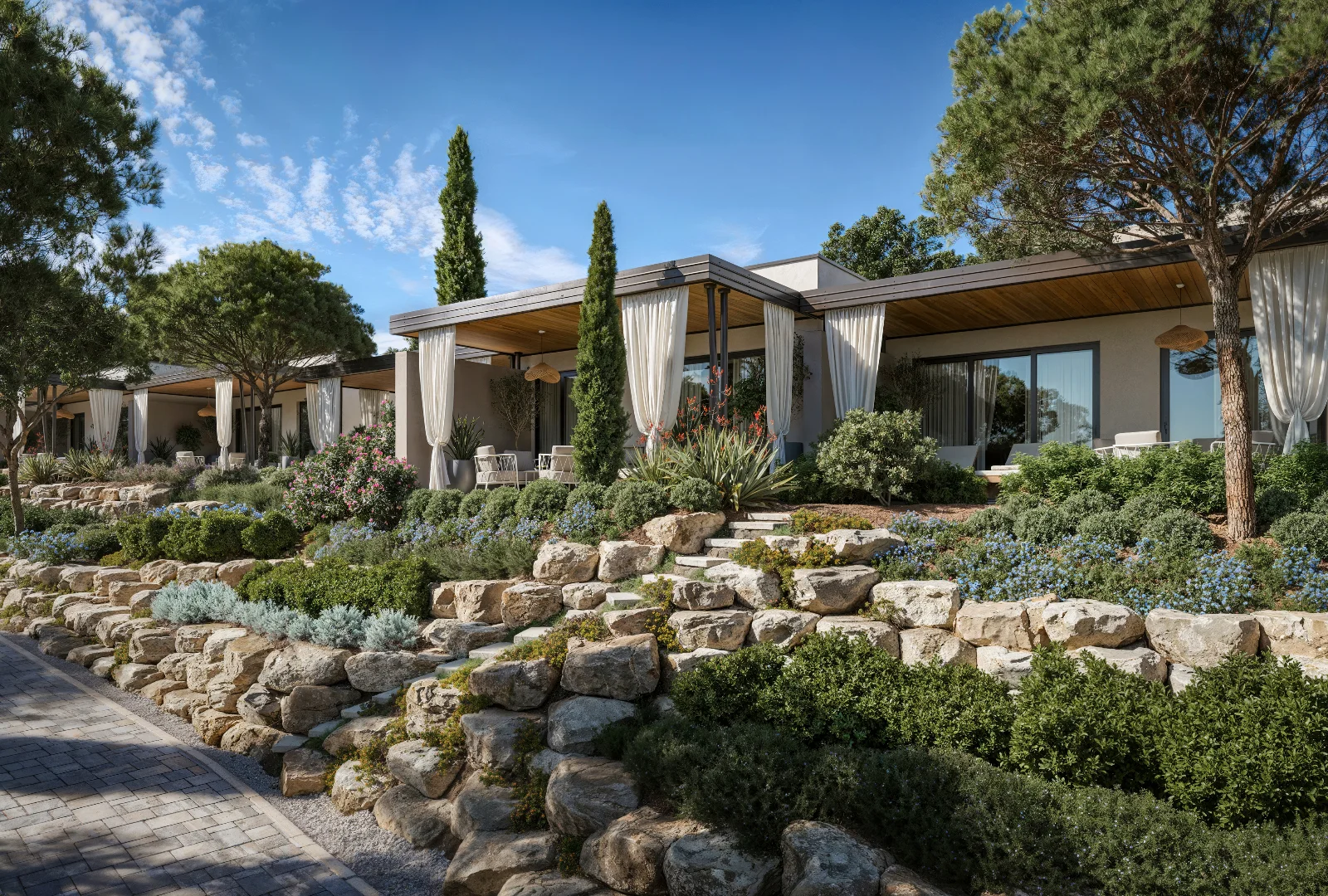 Neue Bungalows im Arba Resort, Valamar Collection, umgeben von mediterraner Vegetation auf der Insel Rab.