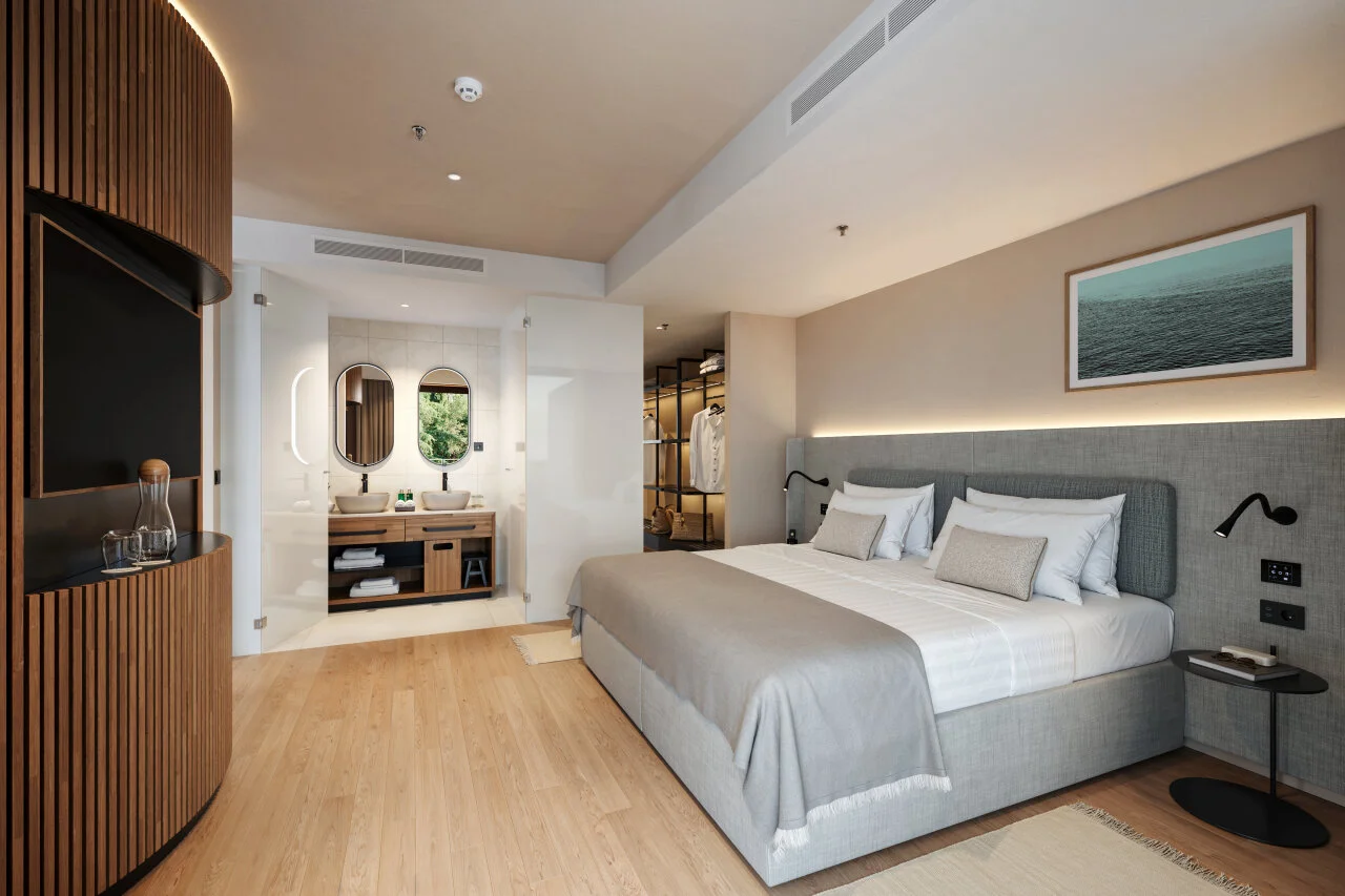 Prostrana V Level Suite soba u Pical Family Hotelu s modernim dizajnom i kupaonicom u spa stilu.