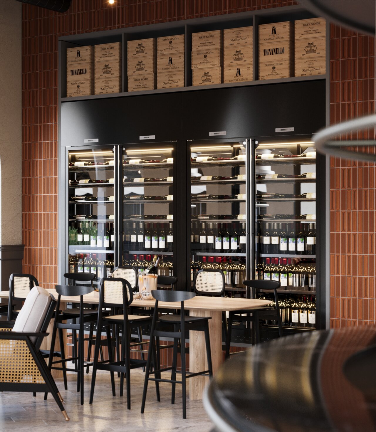Elegant restaurant interior with a large wine fridge and wooden tables.