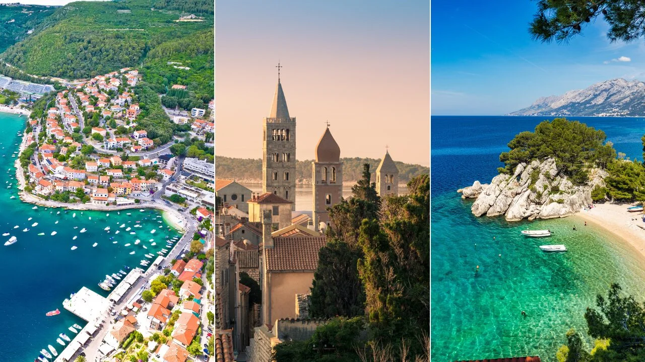 Collage of beautiful Croatian coastal destinations including Rabac, Rab and the Makarska Riviera
