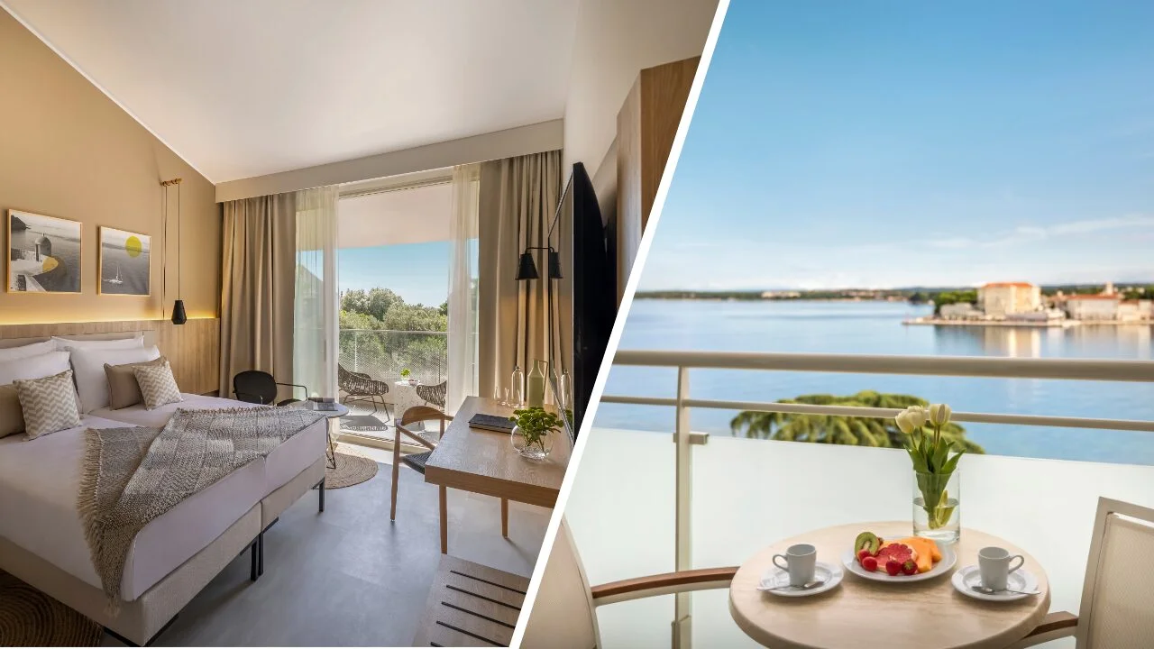Hotel room with park view and sea-view balcony at a Croatian seaside resort
