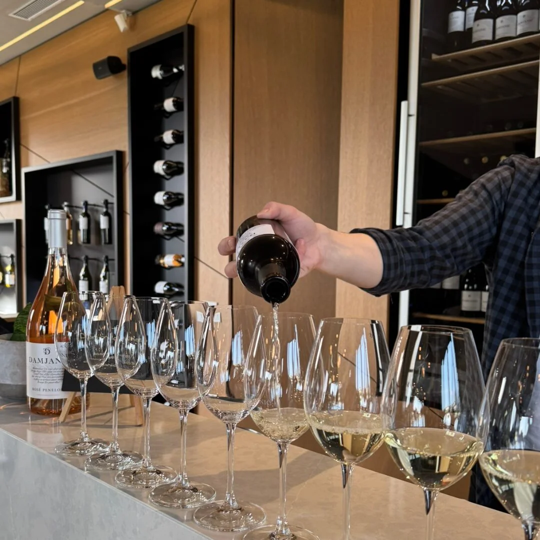 Sommelier toči bijelo vino u ča&scaron;e za degustaciju u modernom wine baru vinarije Damjanić.