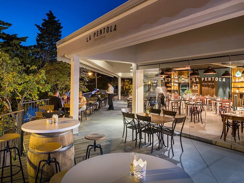 Terrace of La Pentola restaurant overlooking the sea in Rabac, Istria