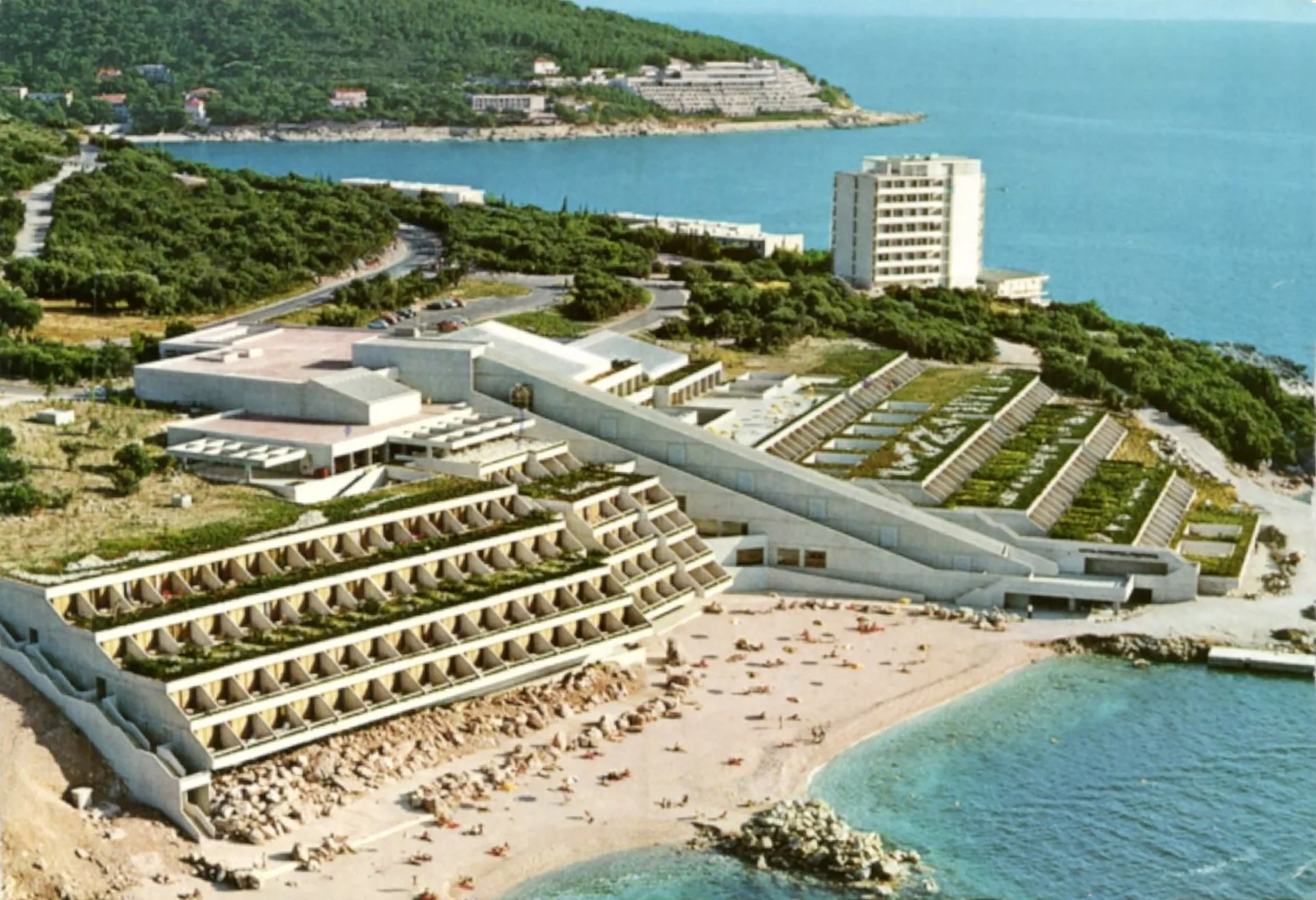 A collage of archival photographs shows the hotel complex on Babin Kuk through the years