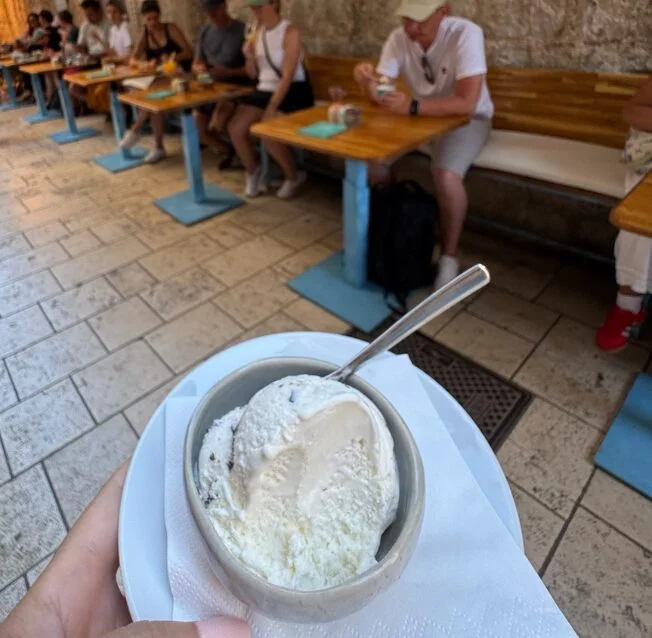 Creamy ice cream served in a bowl on the terrace of Gianni ice cream parlour in Dubrovnik.