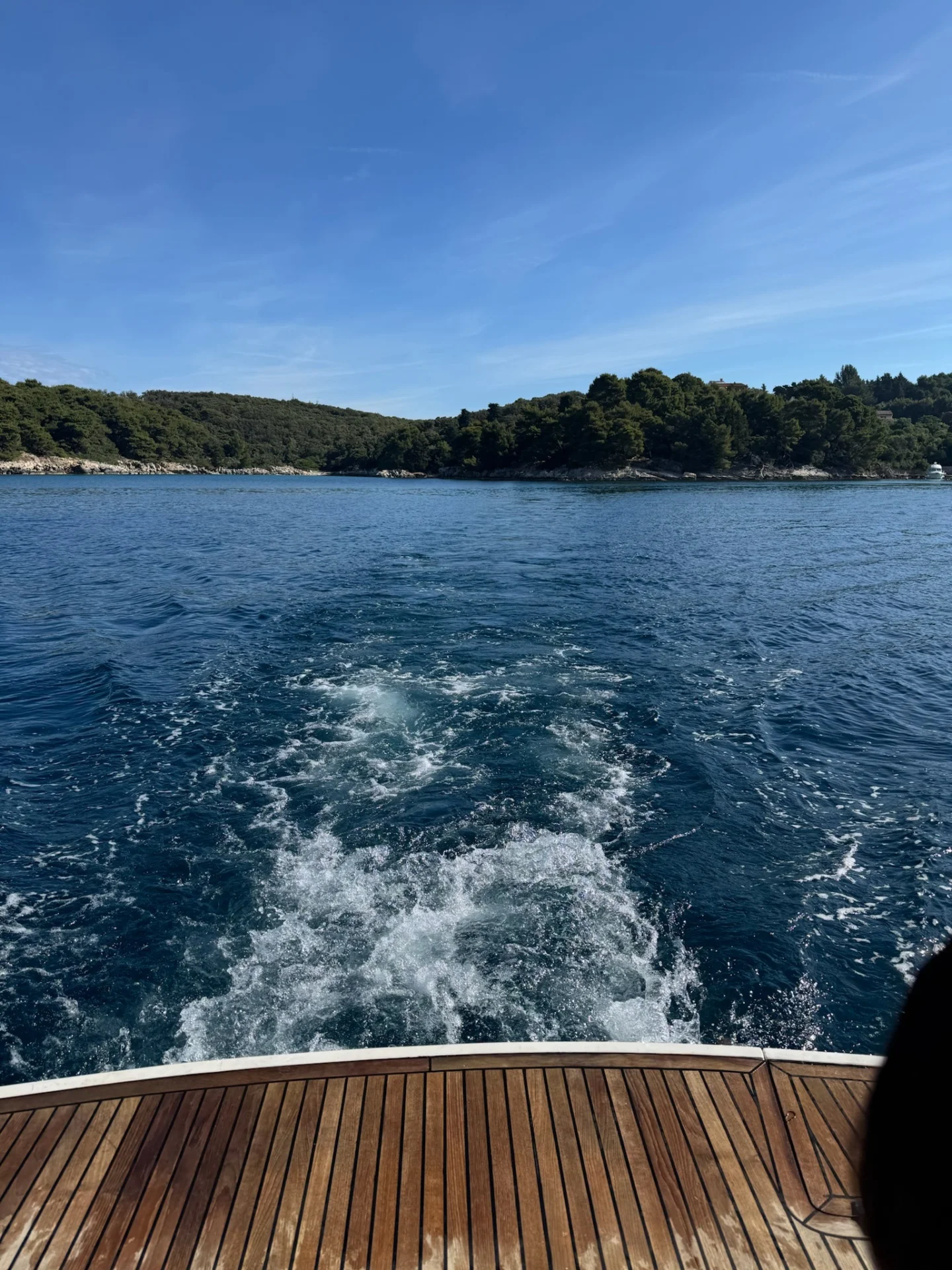 View from the stern of the boat over the wake and the coast of Rab.