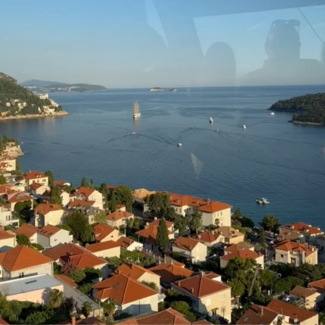 View from the Dubrovnik Cable Car over the city rooftops, Adriatic Sea and surrounding islands on the way to Mount Srđ.