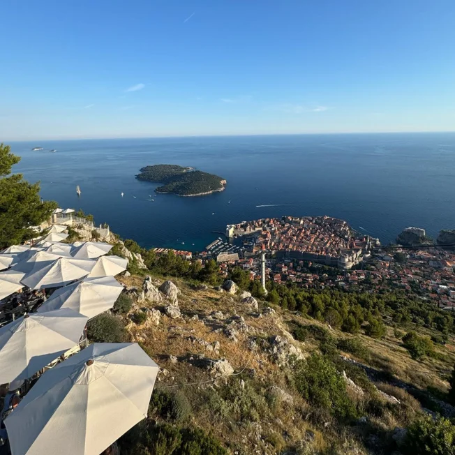Panoramic view from Mount Srđ over Dubrovnik, Lokrum Island and the Adriatic Sea.