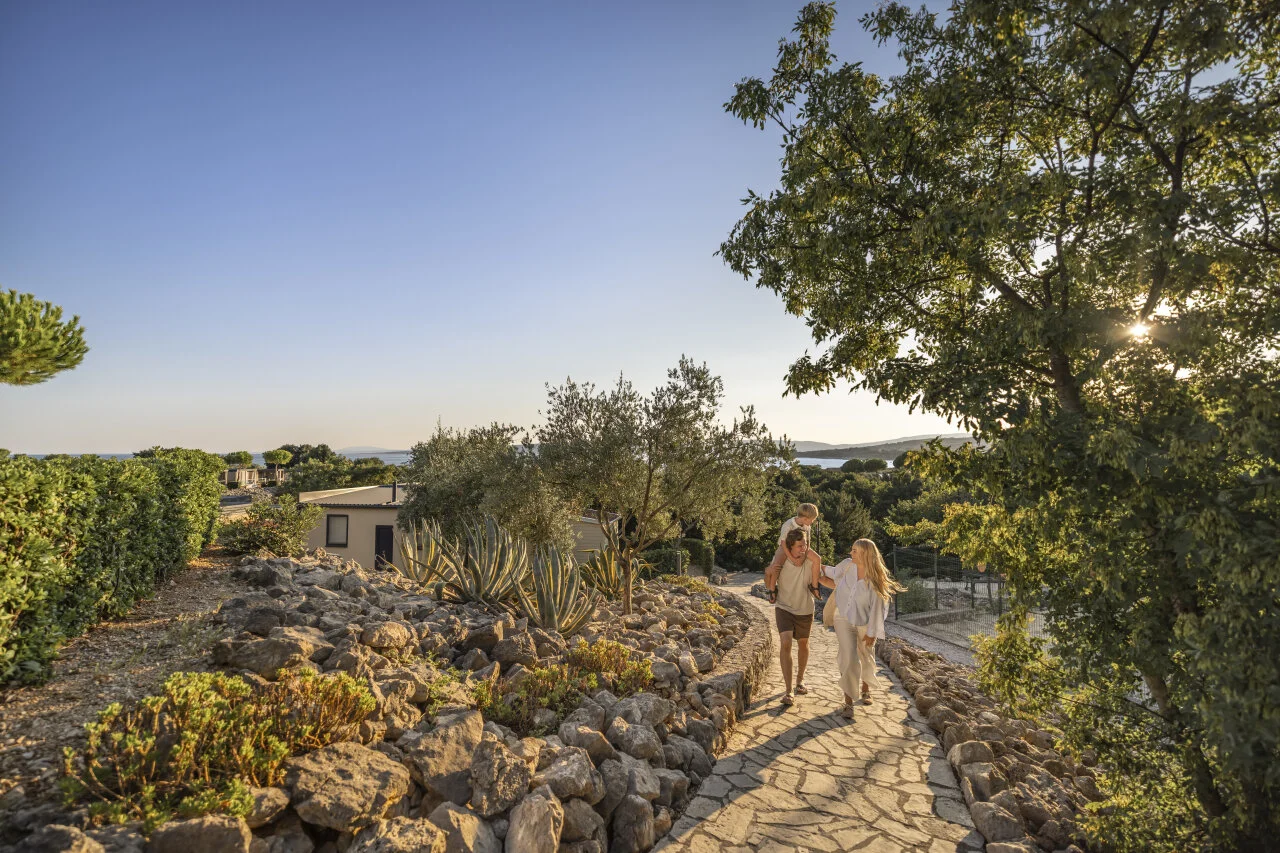 Valamar Camping Krk – ein Steinweg durch einen mediterranen Garten mit spazierenden Besuchern