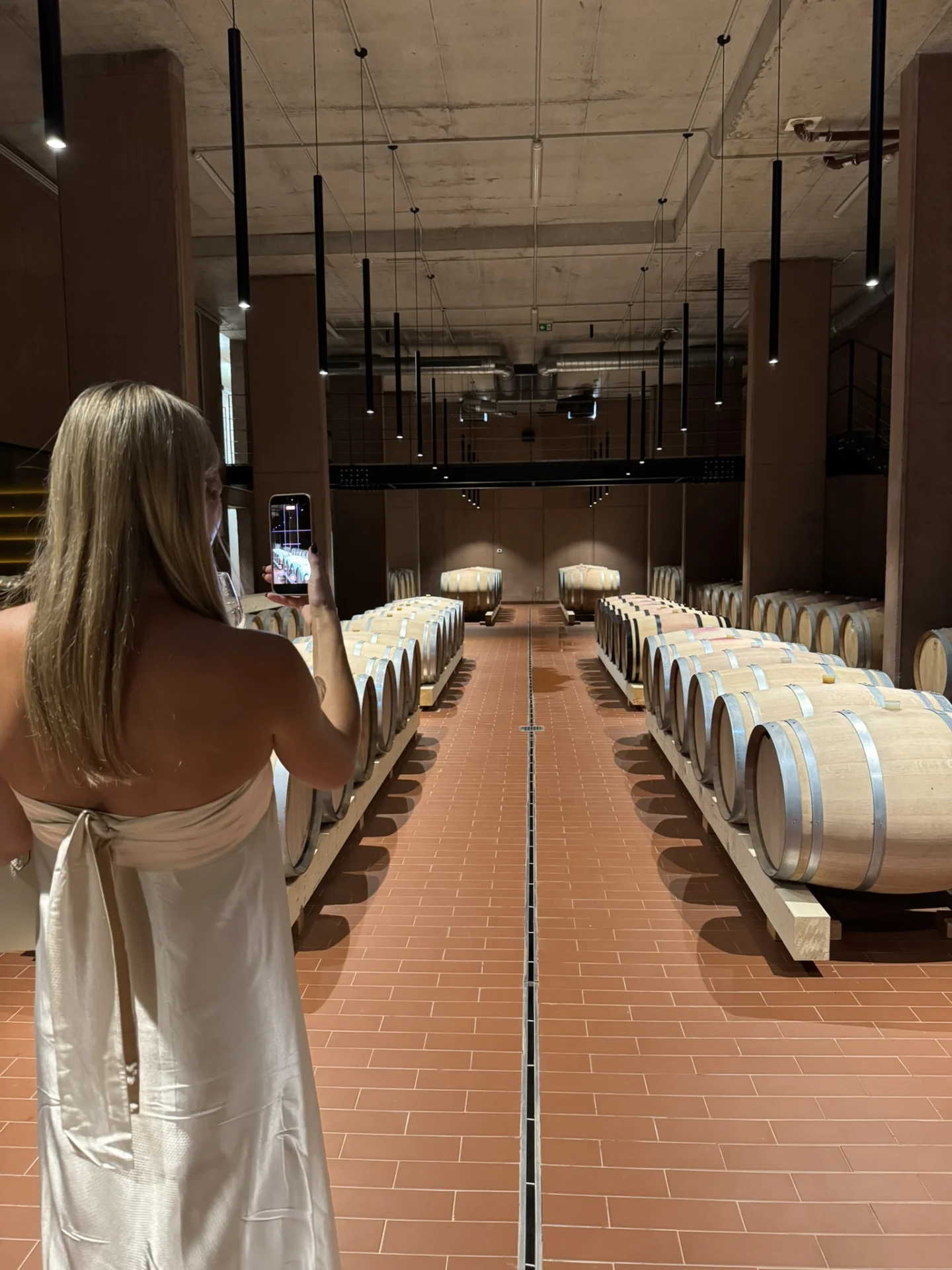  Wine cellar with rows of barrels at Deklić Winery in Istria.