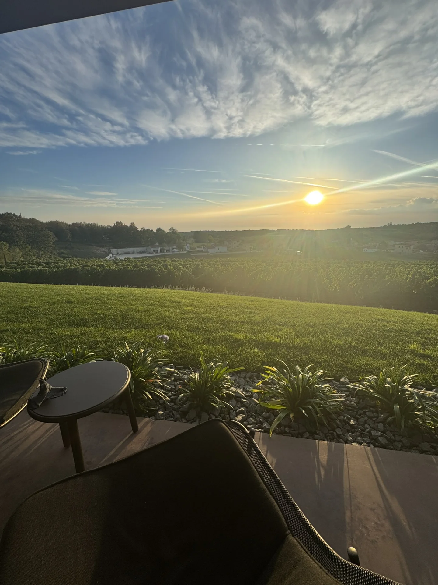 Golden sunset over the vineyards and rolling hills of Istria, viewed from the terrace of Deklić Winery near Vižinada.